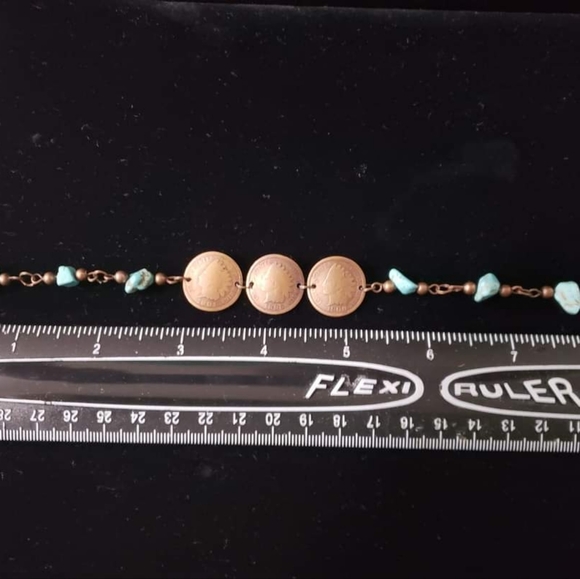 Women's Handmade Turquoise Antique 3 Curved Indian Head Penny Tennis Bracelet - Picture 5 of 6